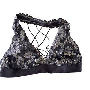 Victorias Secret Bralette XXL Black Silver Floral Lace Triangle Bra Crisscross N